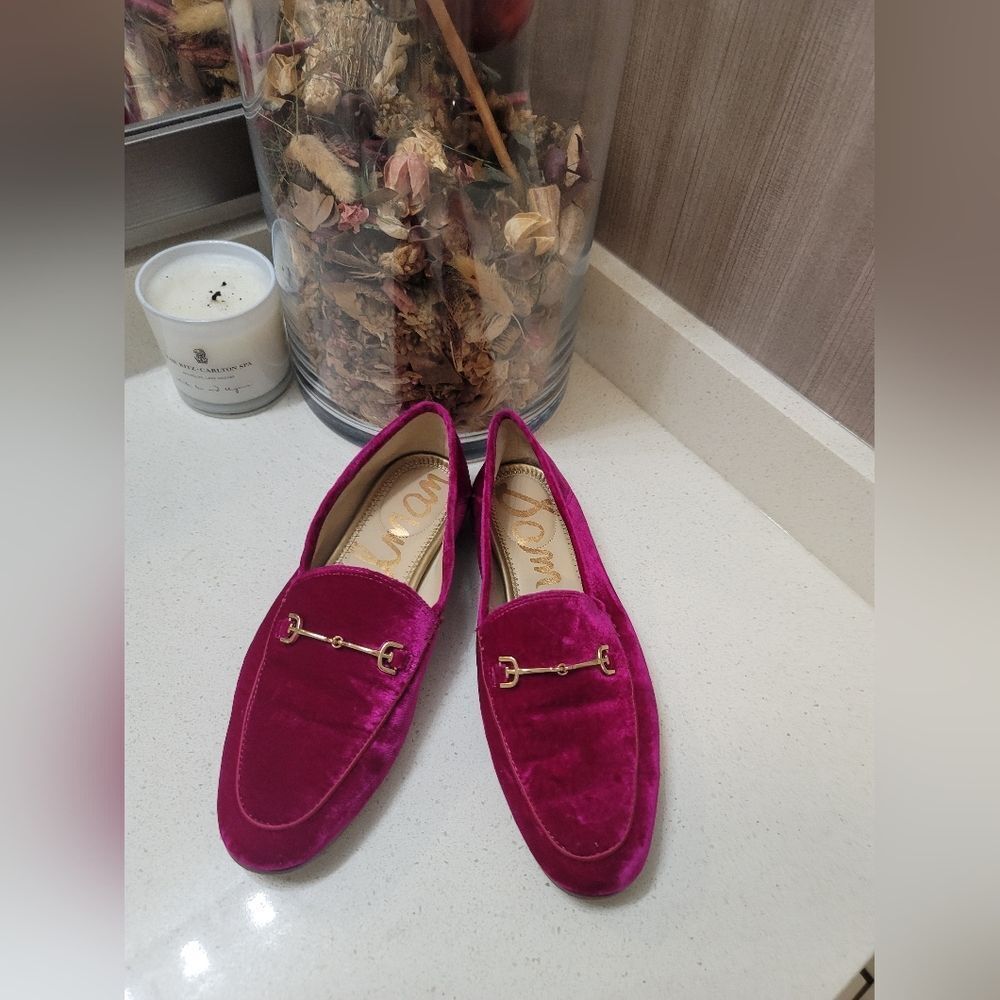 Sam Edelman Velvet Loafers in Fuchsia Pink with Gold Hardware